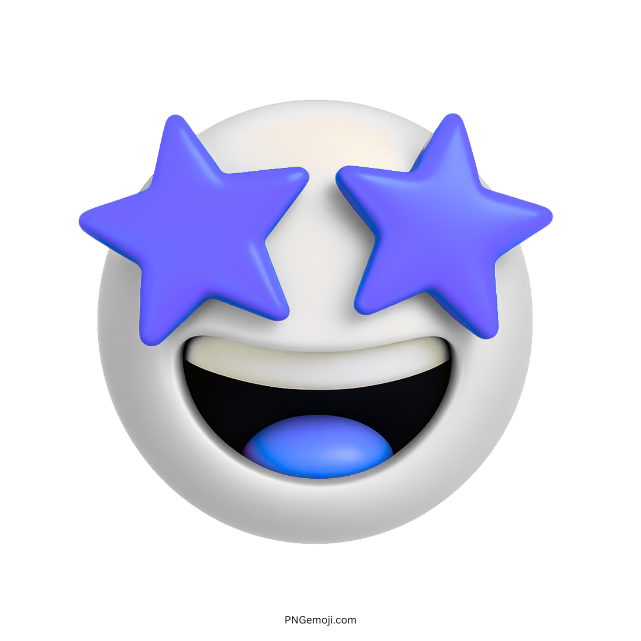 White 3D emoji face with blue star eyes and wide happy smiling mouth