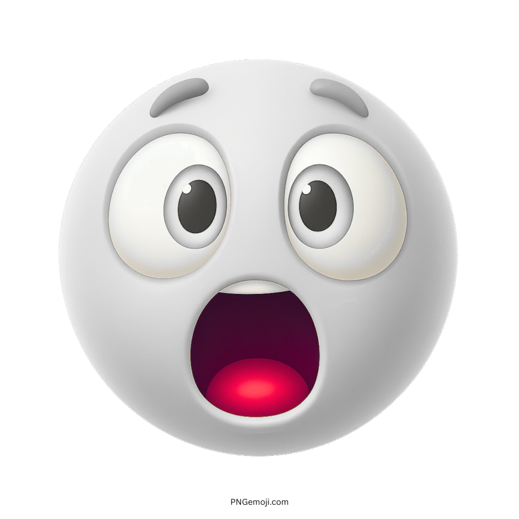 3D white emoji with wide eyes and glowing open mouth showing shock or surprise