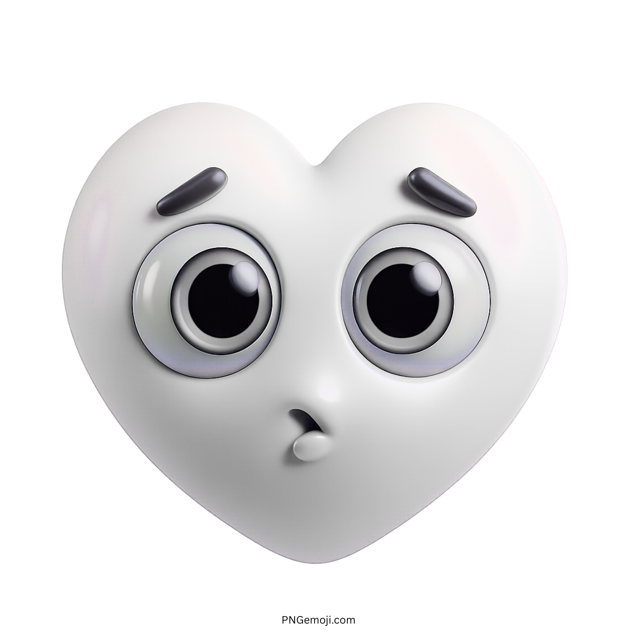3D white heart emoji with wide surprised eyes and shocked facial expression in PNG