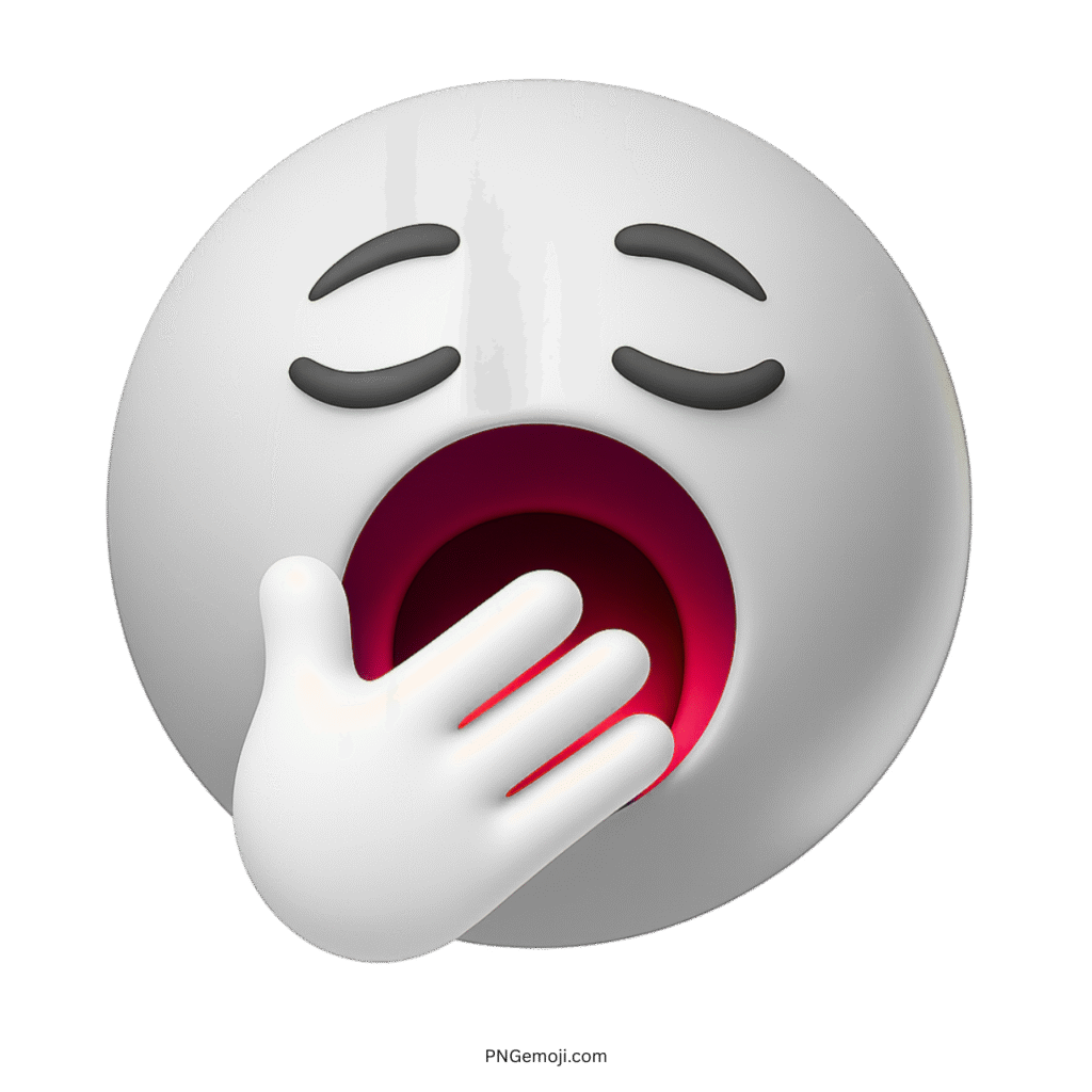 3D white yawning emoji with sleepy eyes and hand covering wide red mouth