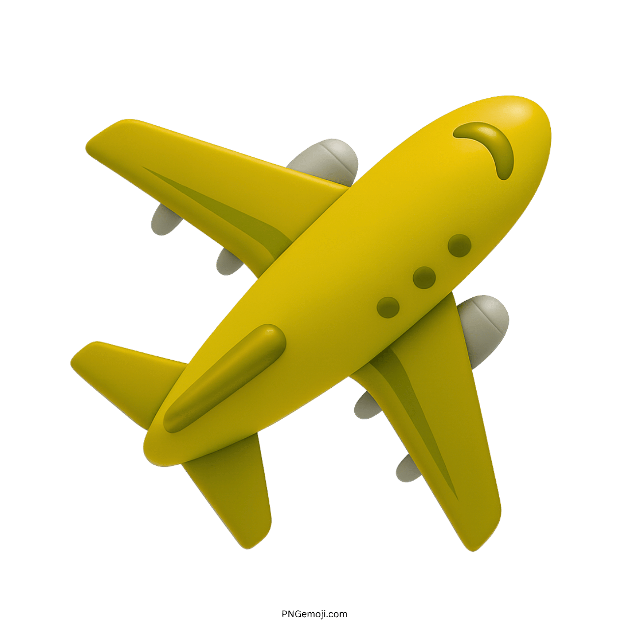 3D yellow jet emoji airplane flying diagonally with cartoon-style windows and turbines
