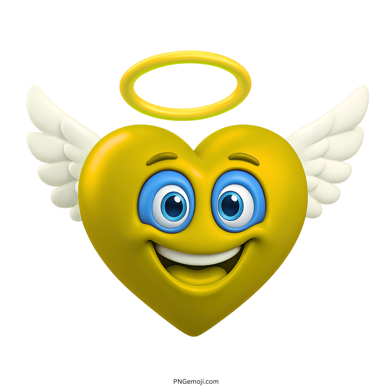 3D yellow angel heart emoji with white wings, smiling eyes, and bright golden halo