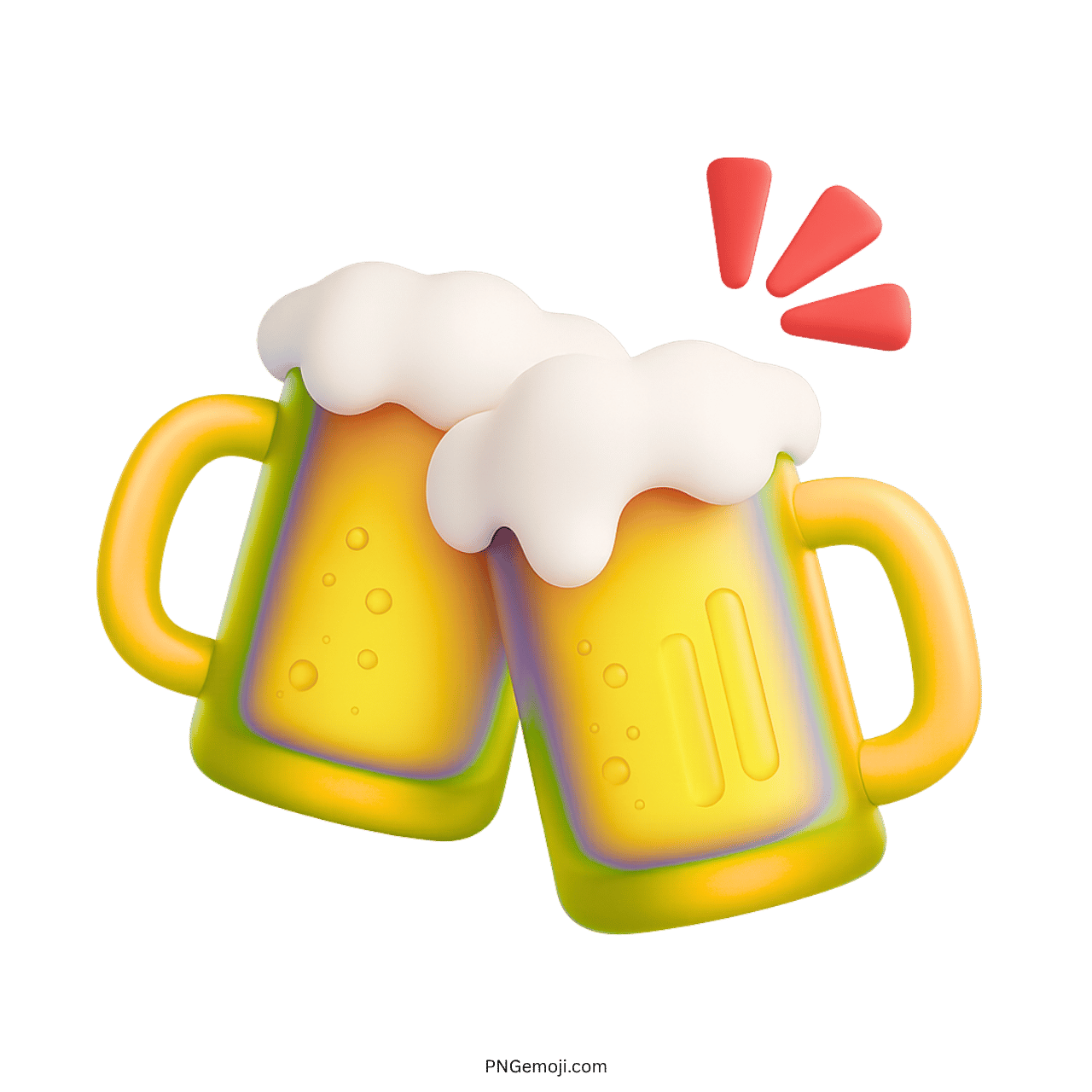 Gradient yellow beer mugs clinking in 3D cheers emoji with white foam