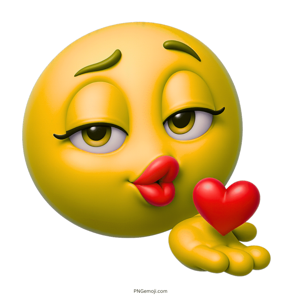 3D yellow emoji face blowing kiss with heart on transparent background