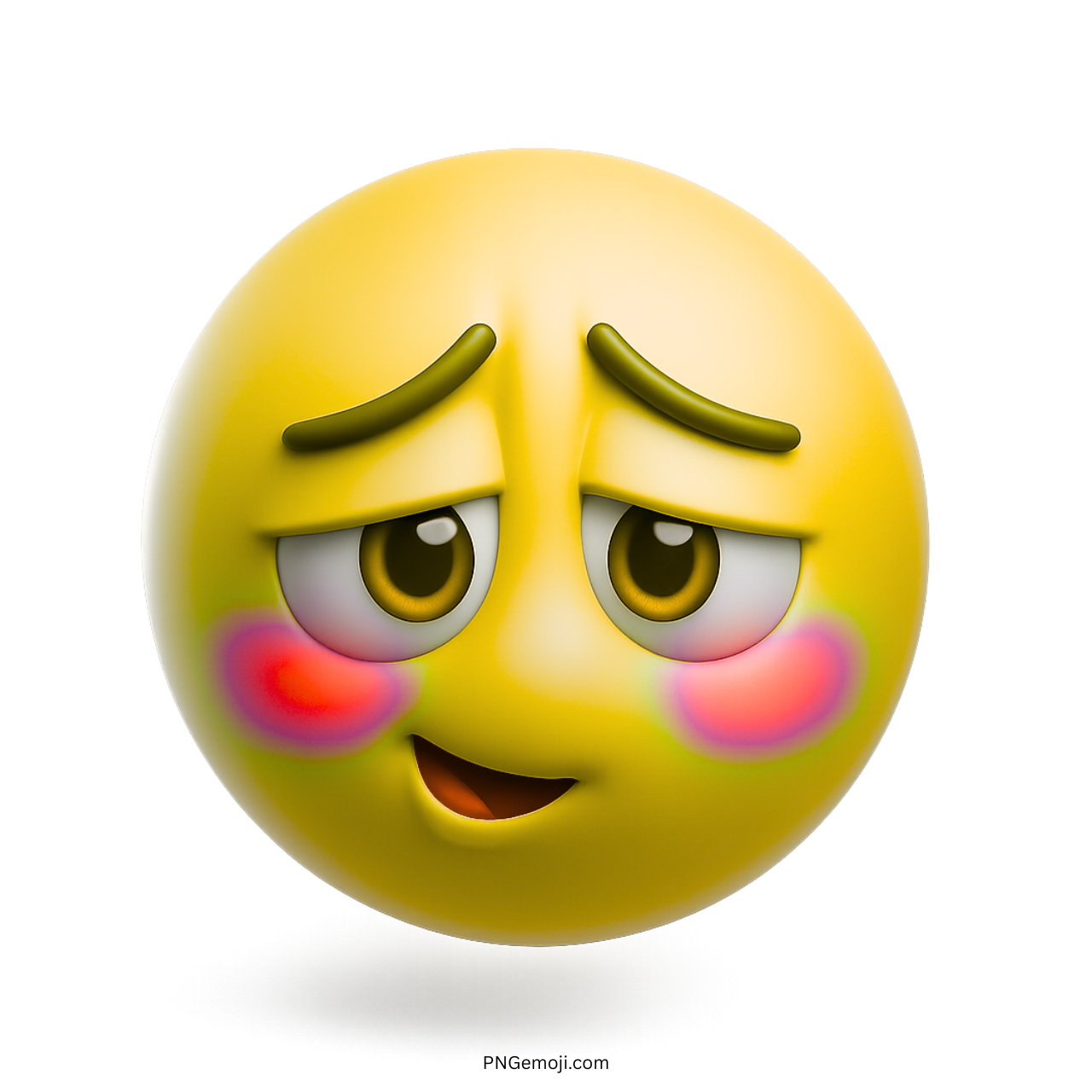3D yellow blushing emoji with soft red cheeks and charming cute facial expression