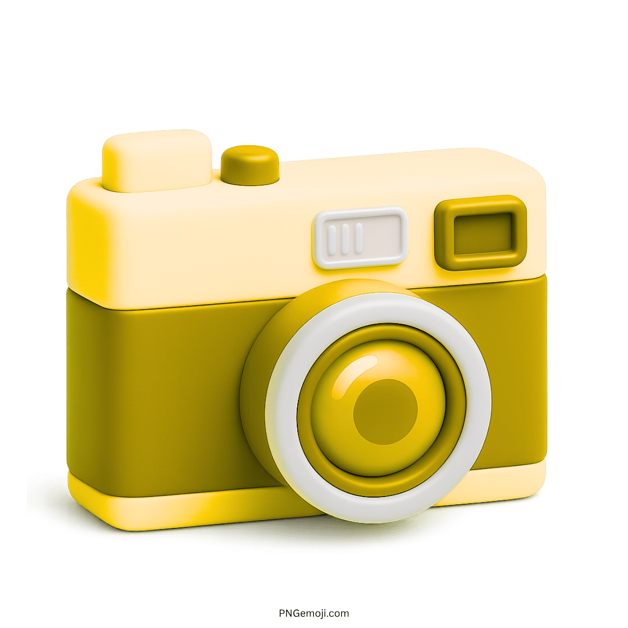 Vibrant yellow 3D camera emoji with circular lens and cartoon-style body on transparent background