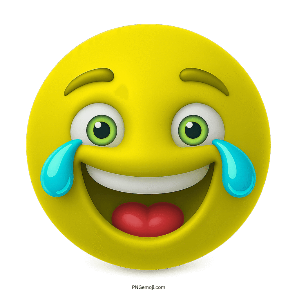 3D yellow crying laughing emoji with green eyes and big smile isolated transparent background