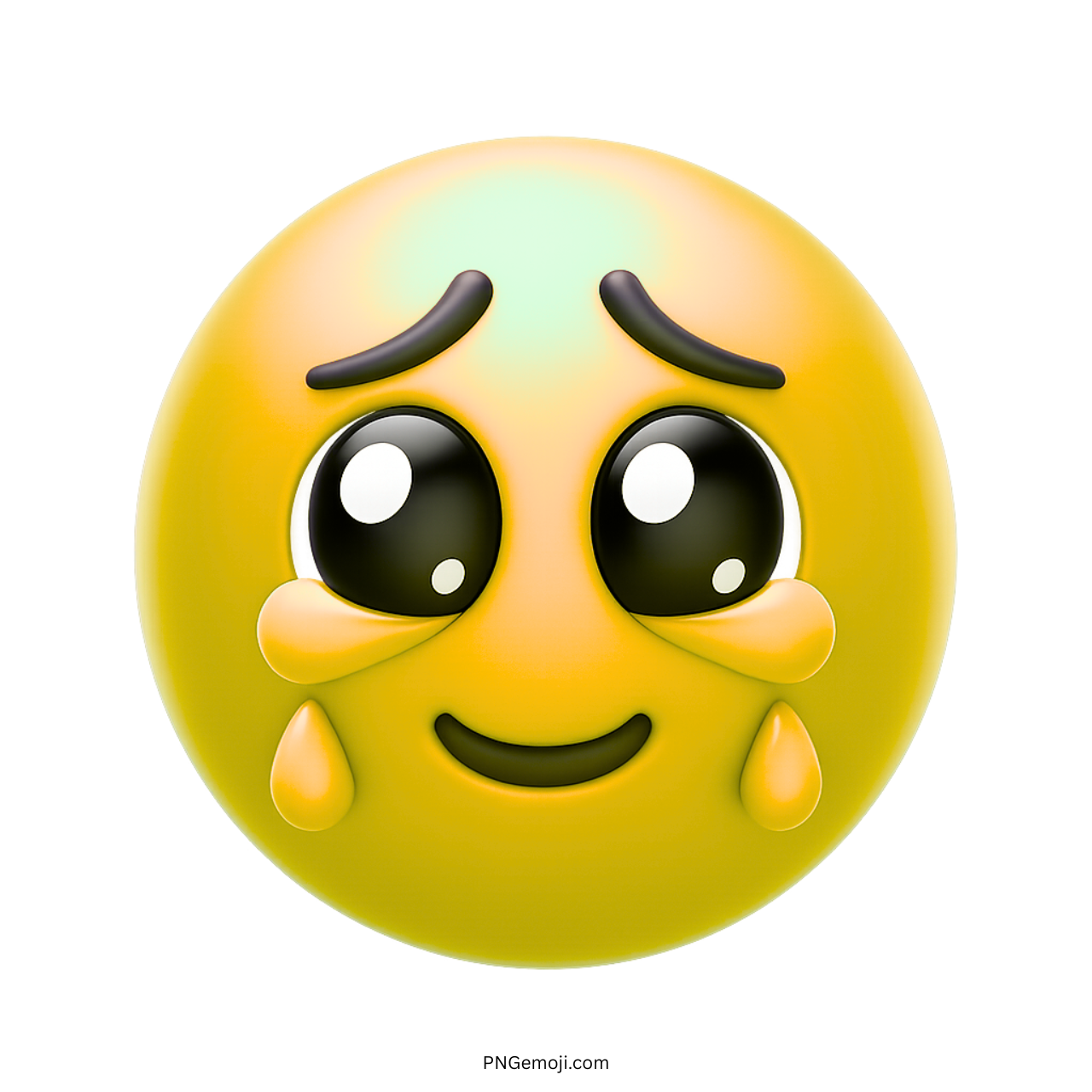 3D yellow emoji face with teary eyes and emotional, hopeful facial expression