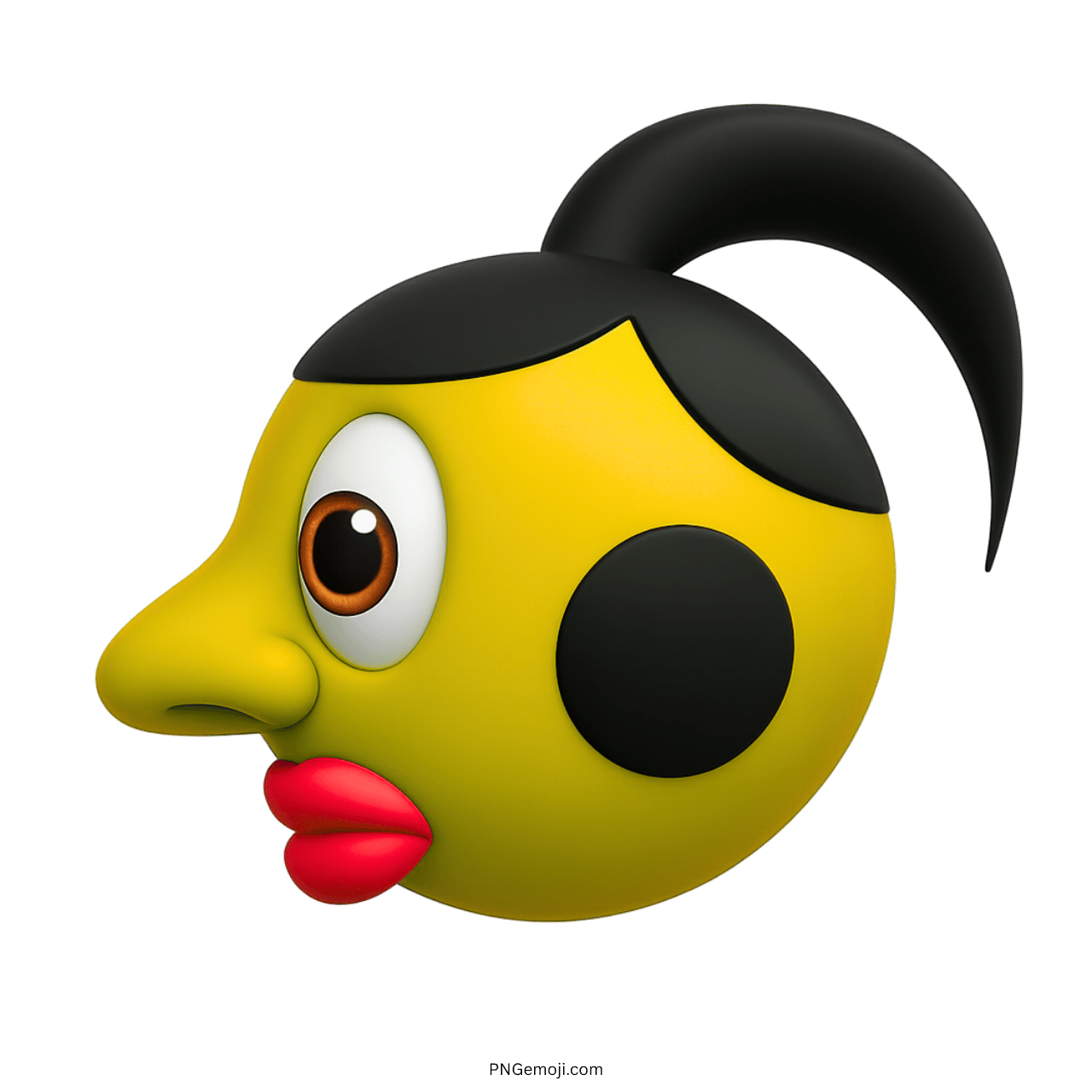Yellow emoji face in 3D with red lips, black spots, and a ponytail