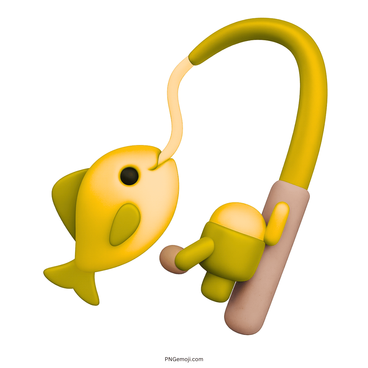 3D yellow fishing pole emoji with cute fish on hook