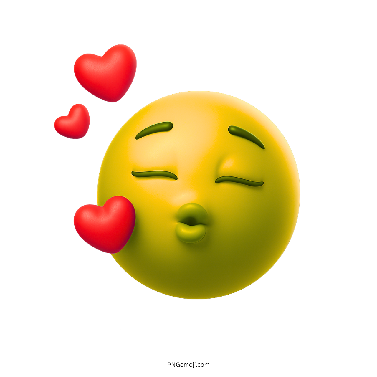 3D yellow-green kiss emoji blowing red hearts with loving closed-eye expression