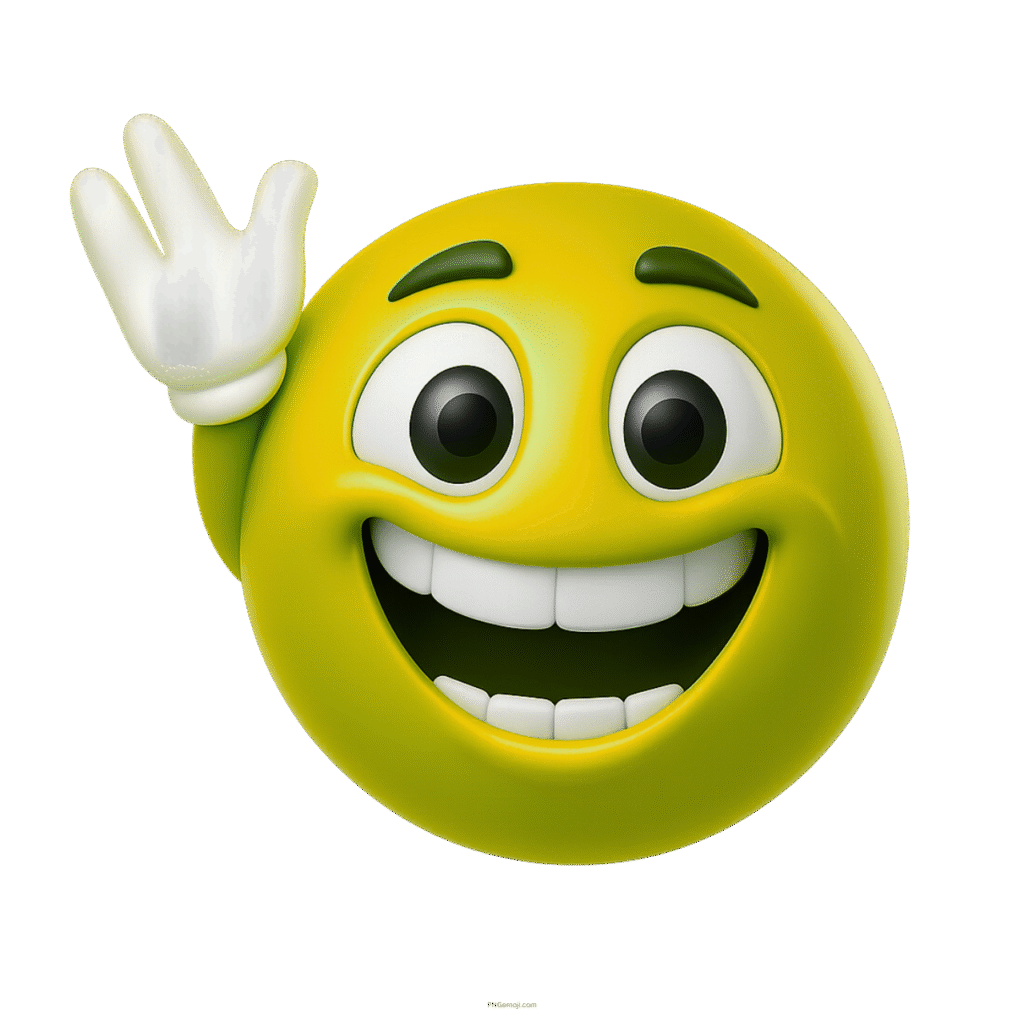 3D yellow-green smiling emoji waving hello with big eyes and joyful expression
