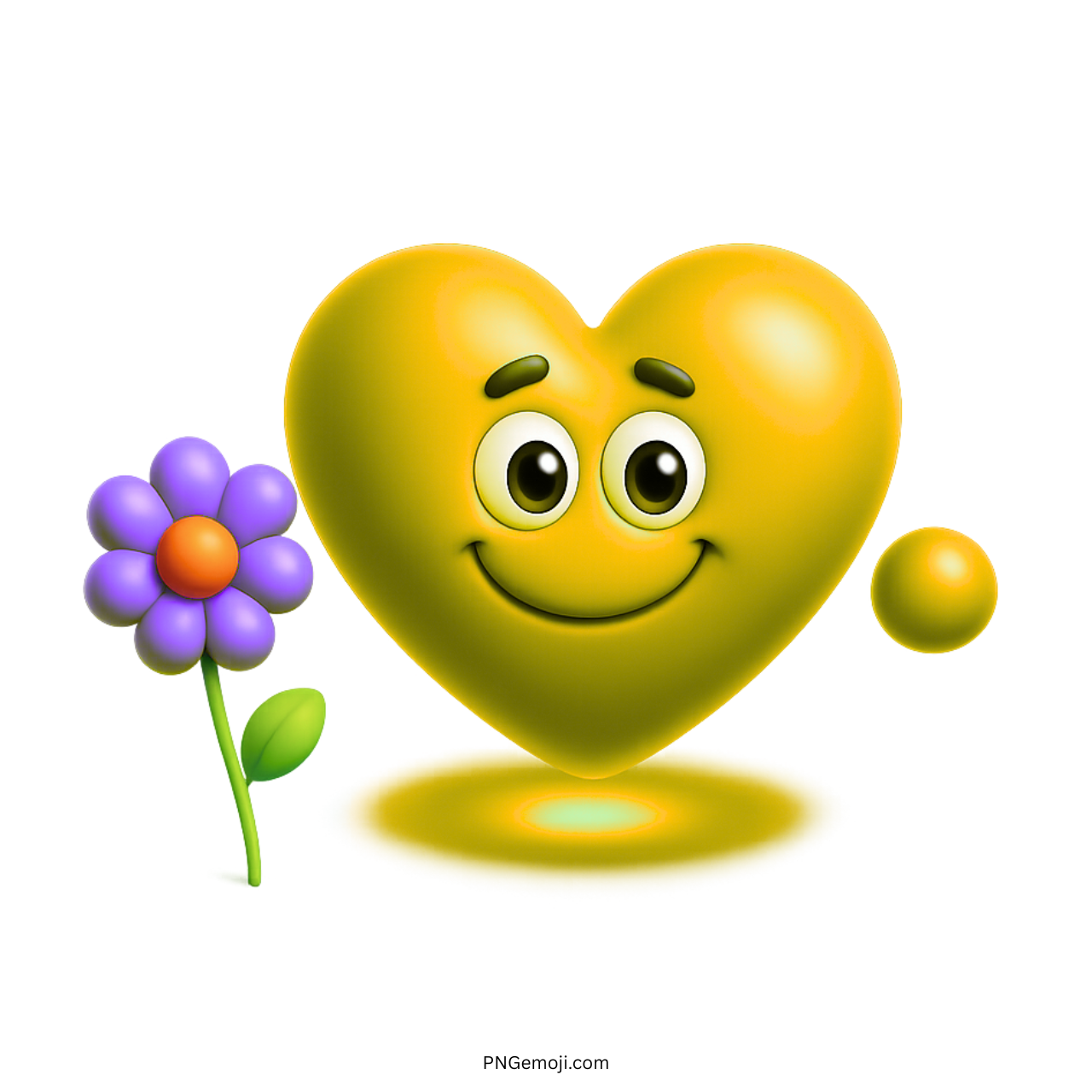 Smiling 3D yellow heart emoji with purple flower and transparent background for fun designs