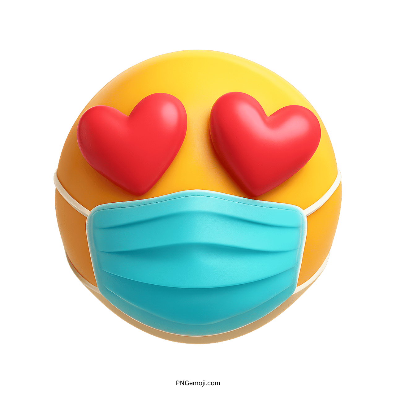3D yellow emoji with red heart eyes and blue protective medical mask