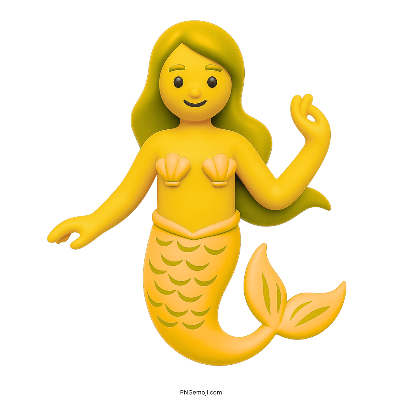 3D yellow mermaid emoji icon with seashell bra and fish tail on transparent background