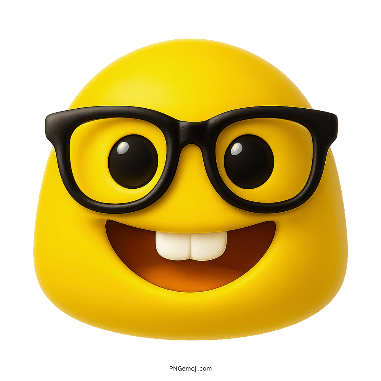 3D yellow nerd emoji face with big smile and black framed glasses
