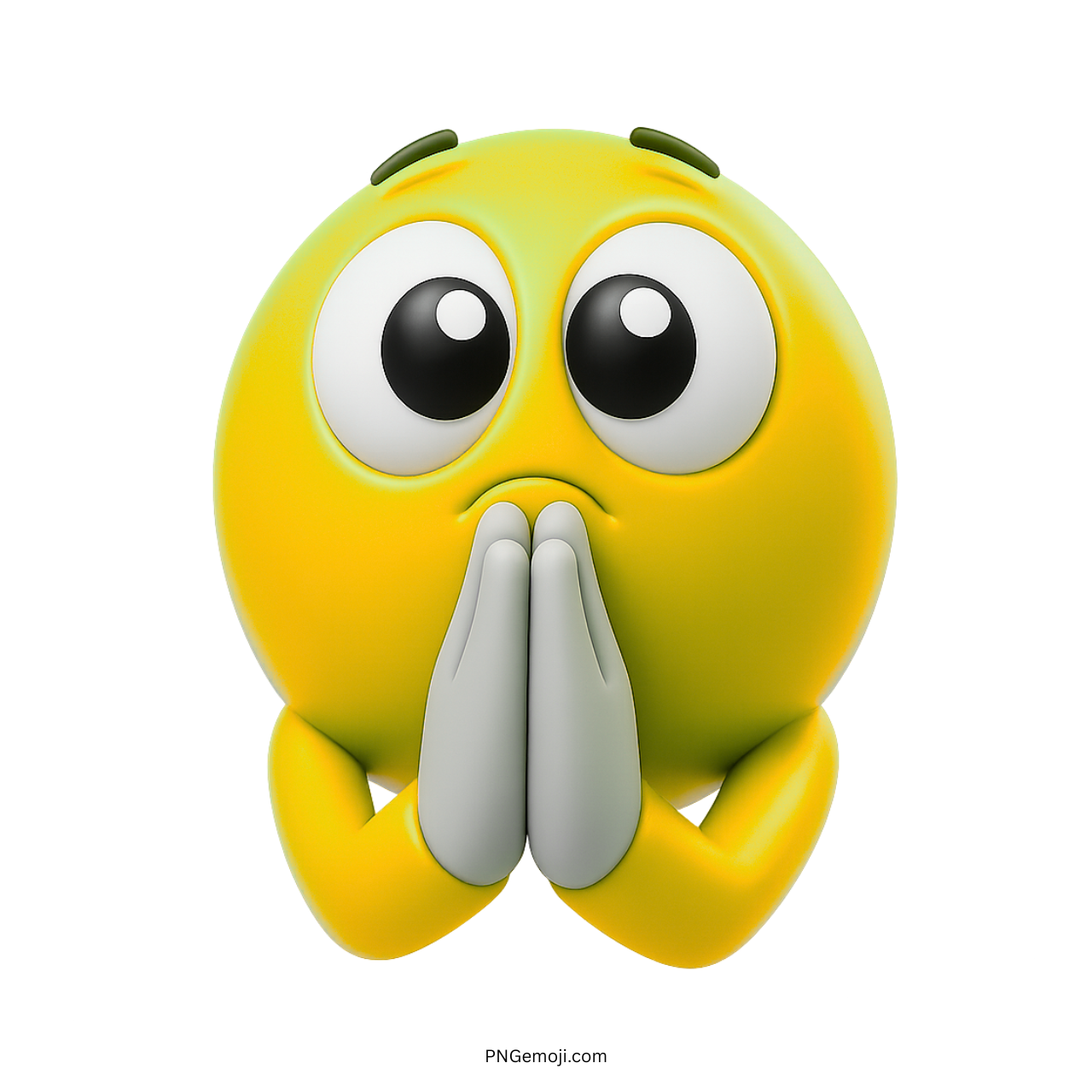 3D yellow emoji with folded hands and pleading eyes in praying pose