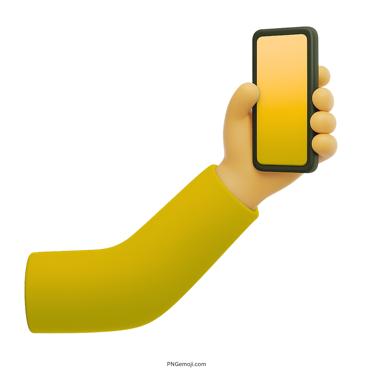 3D selfie emoji hand with yellow sleeve holding mobile phone on transparent background