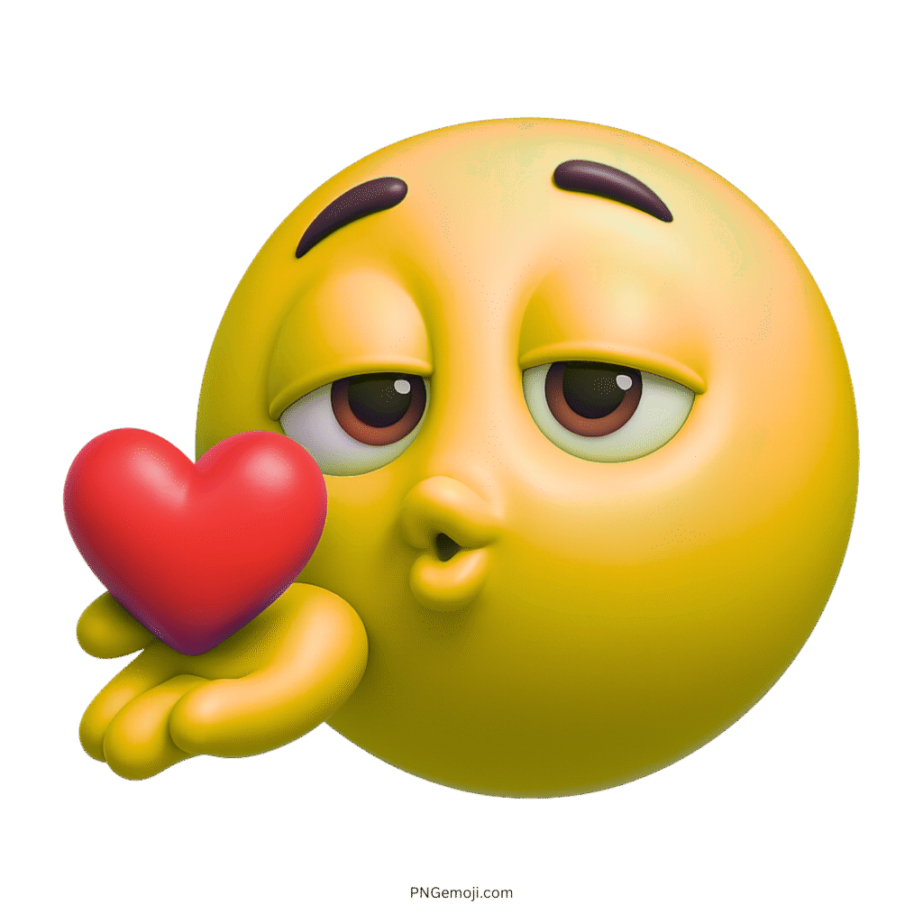 3D yellow smiley emoji blowing a kiss while holding a bright red heart