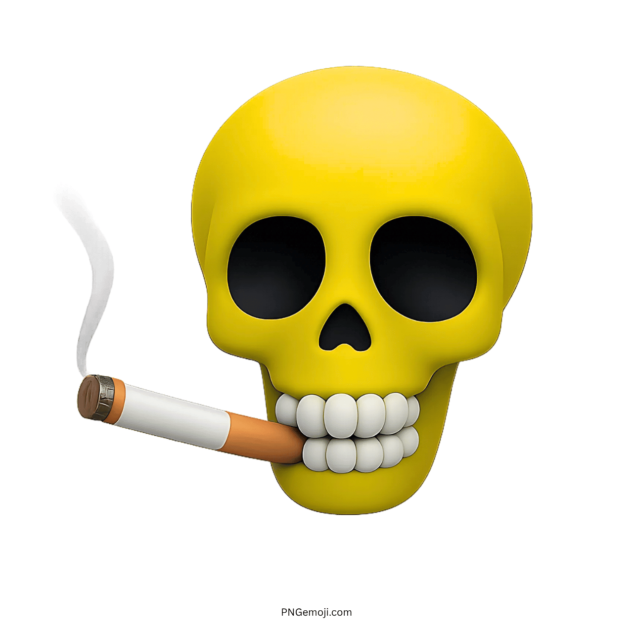 3D yellow skull emoji with cigarette and smoke, hollow eyes, and visible teeth