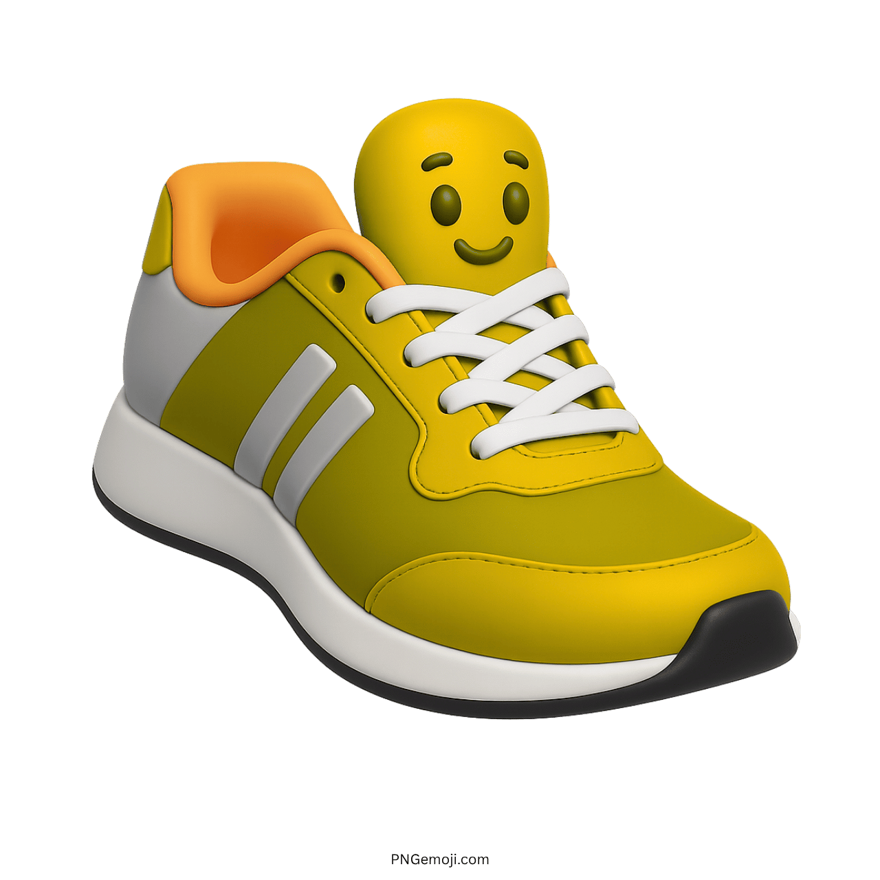 3D yellow sneaker emoji with smiling face and white laces on transparent background