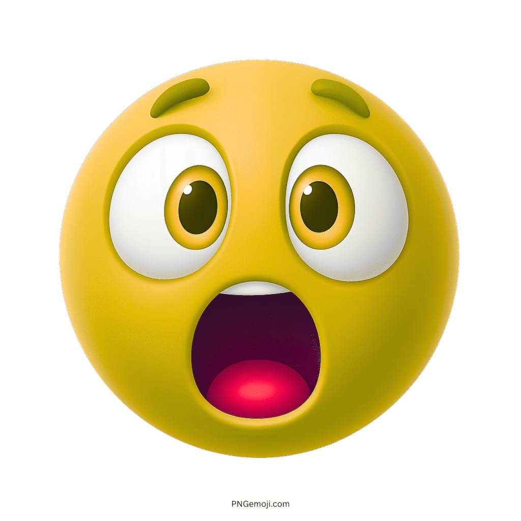 3D yellow shocked emoji with open mouth and big wide brown eyes