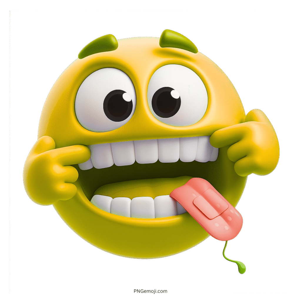 3D yellow emoji face pulling cheeks and sticking tongue out in silly pose