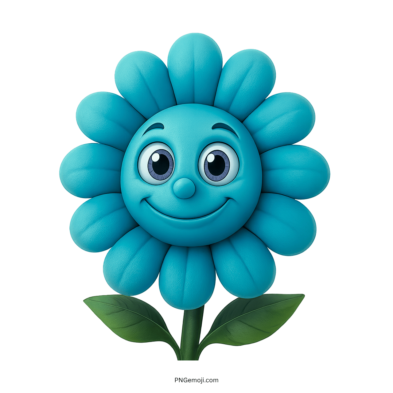 Smiling aqua blue cartoon sunflower with cute face and green leaves on transparent background.