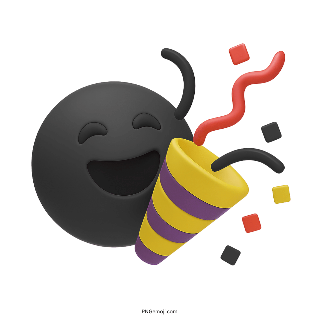 Black 3D party popper emoji with confetti and smiling face transparent PNG