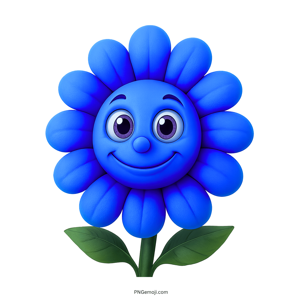 Happy blue sunflower clipart with big eyes, smile, green leaves, transparent PNG vector background.