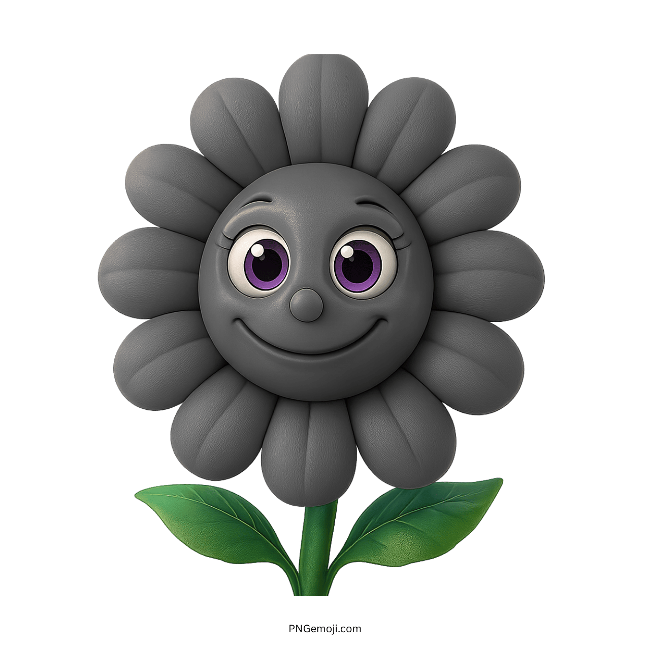 Cheerful gray sunflower clipart with purple eyes, smile, green leaves, transparent PNG vector background.