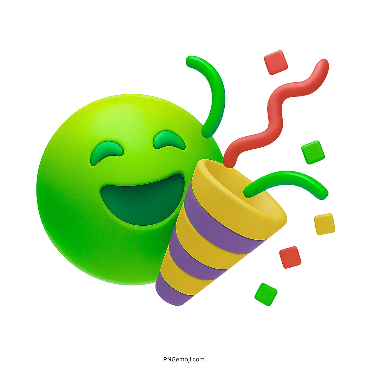 3D green smiling face with party popper and multicolor confetti transparent PNG