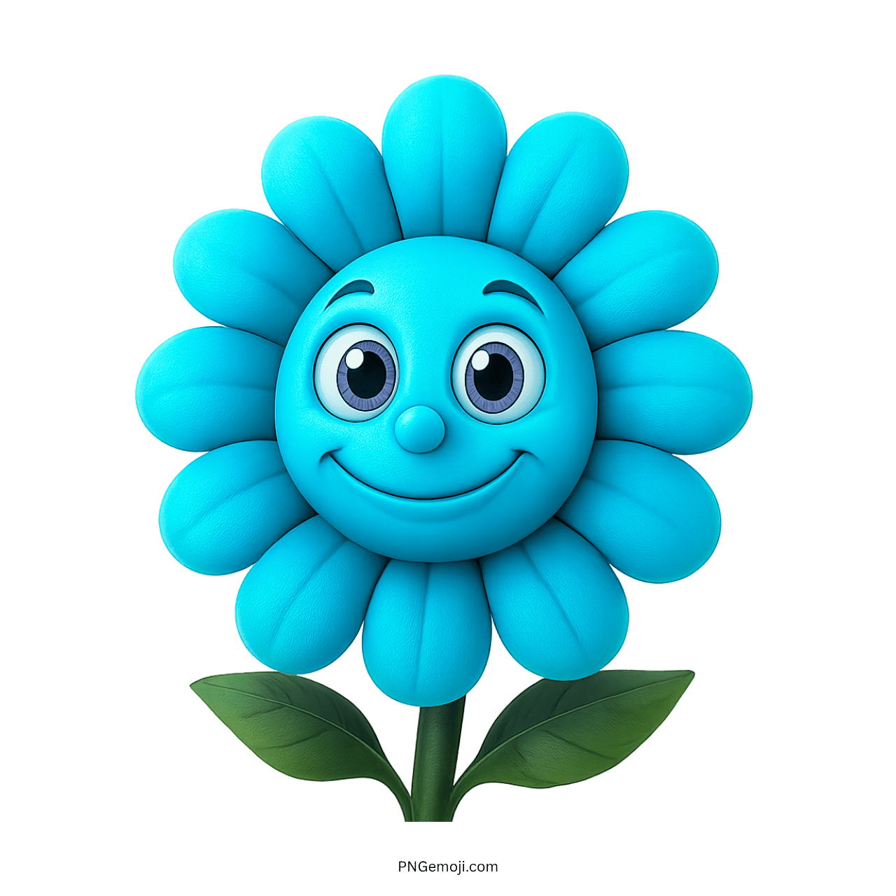 Smiling blue sunflower cartoon with round face and green leaves on transparent background.