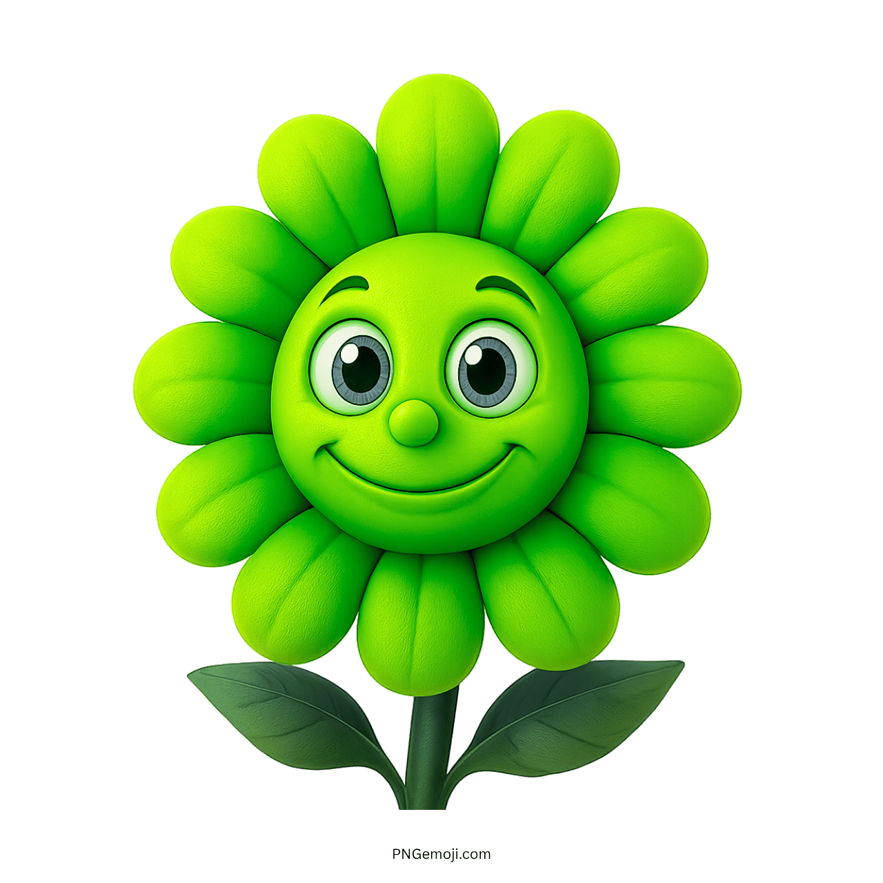 Cheerful green sunflower clipart with big eyes, smile, green leaves, transparent PNG vector background.