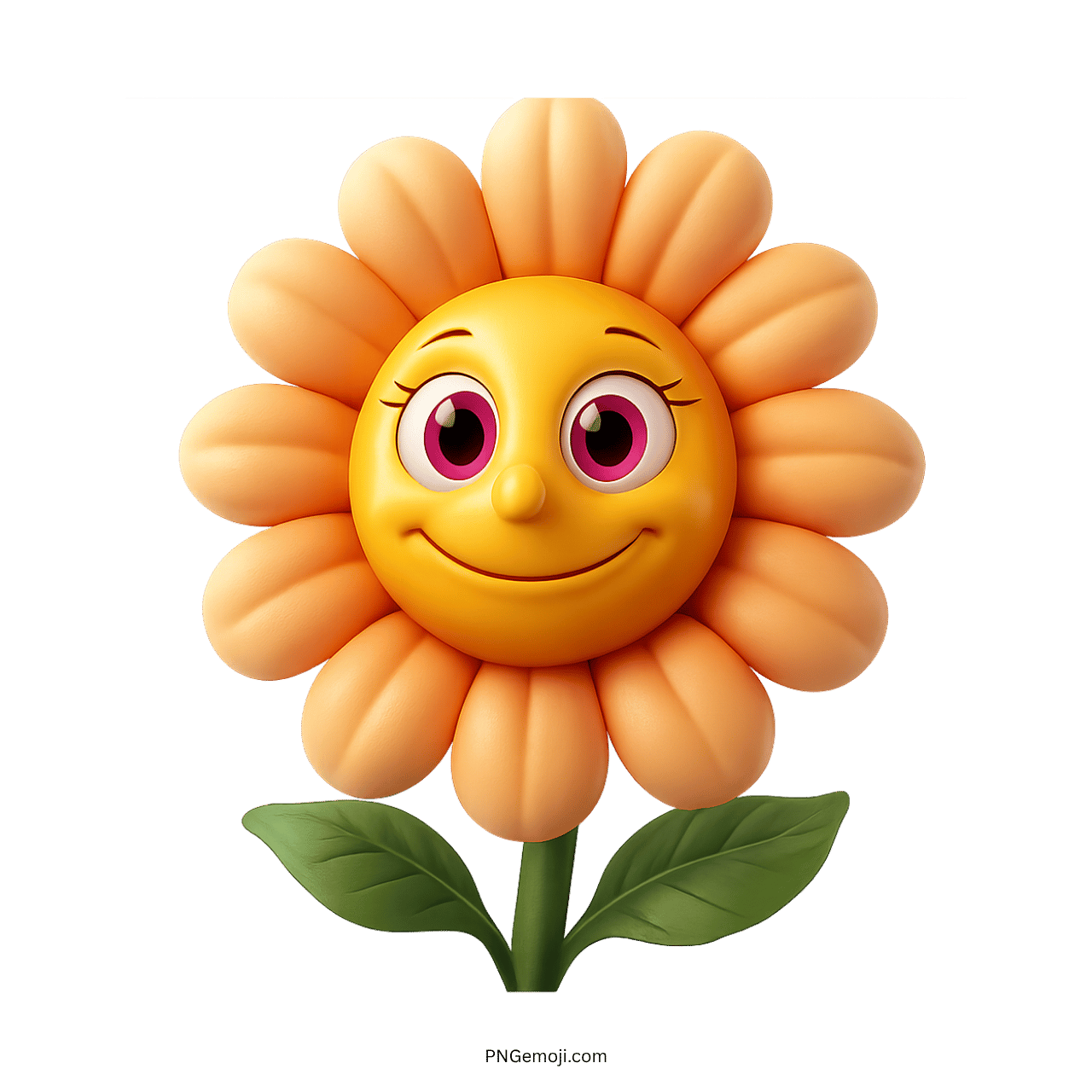 Cheerful yellow sunflower clipart with pink eyes, smile, green leaves, transparent PNG vector background.