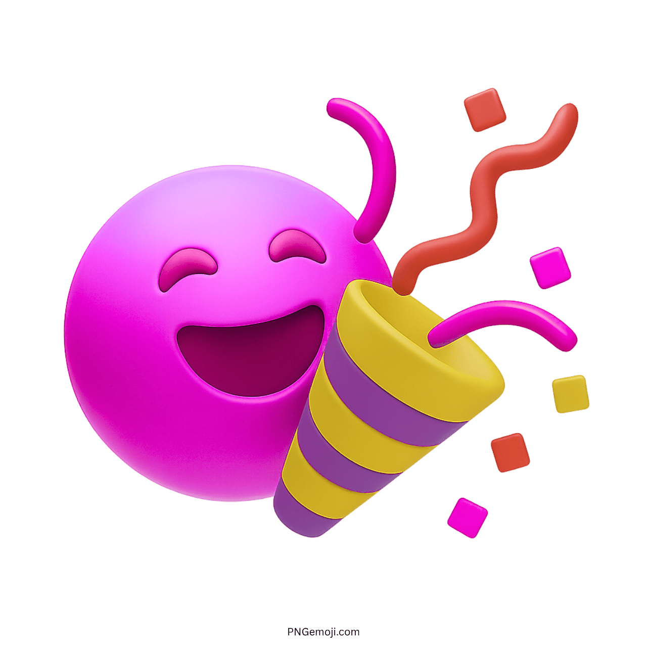 3D pink party popper emoji with colorful confetti and smiling face transparent PNG
