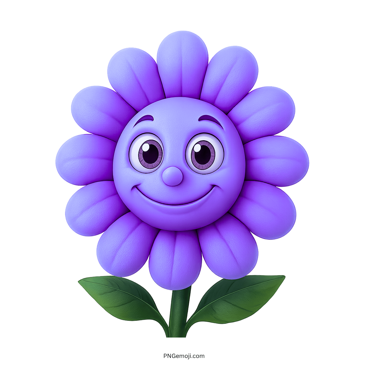 Smiling purple cartoon sunflower with big eyes, green leaves, and transparent background.