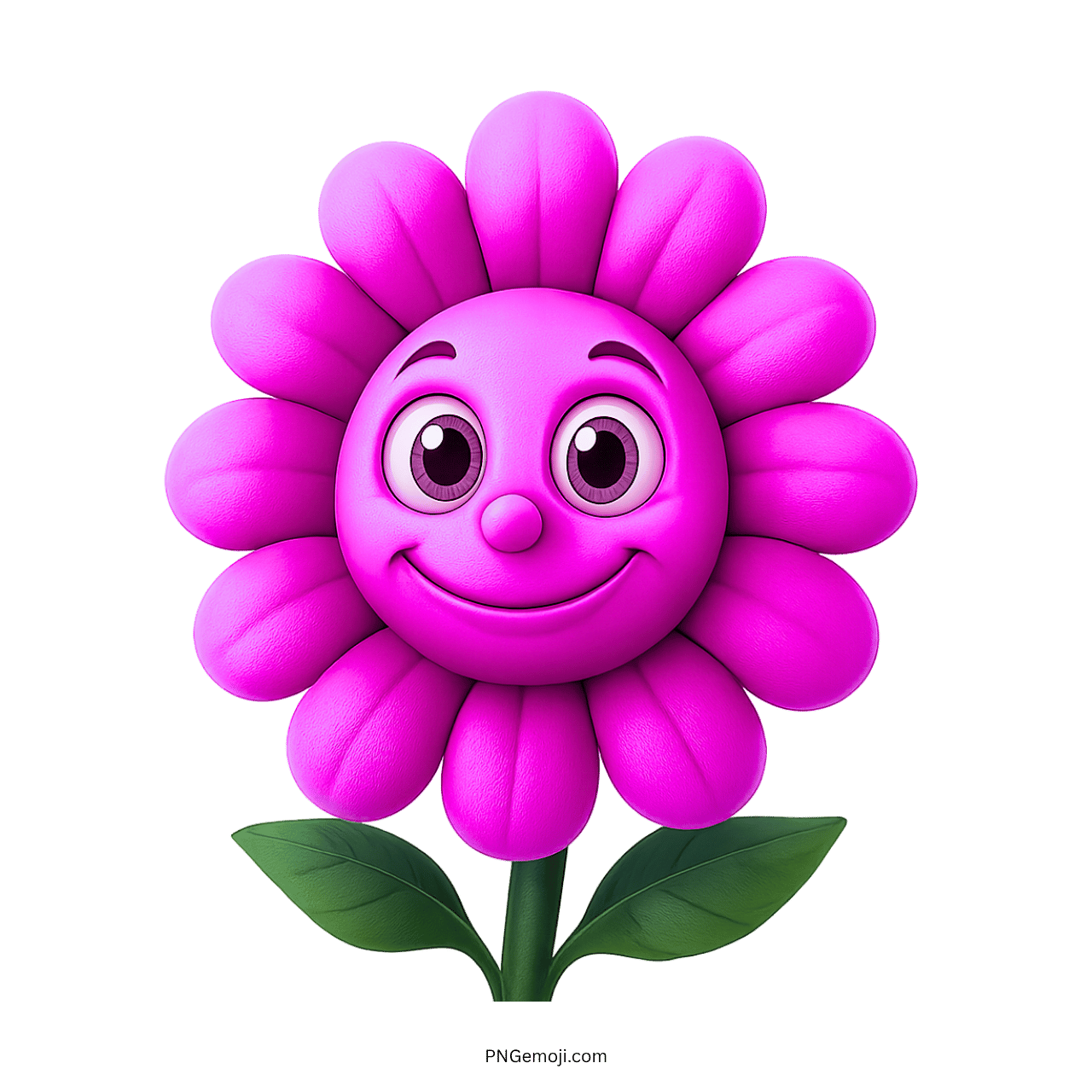 Cute purple cartoon sunflower with smiling face, expressive eyes, and green leaves on transparent background.