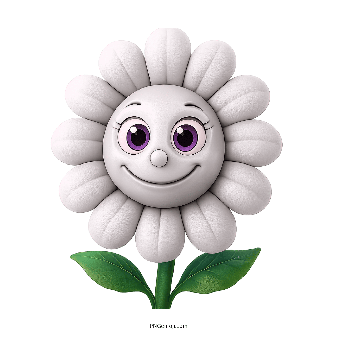 Joyful white sunflower clipart with purple eyes, smile, green leaves, transparent PNG vector background.