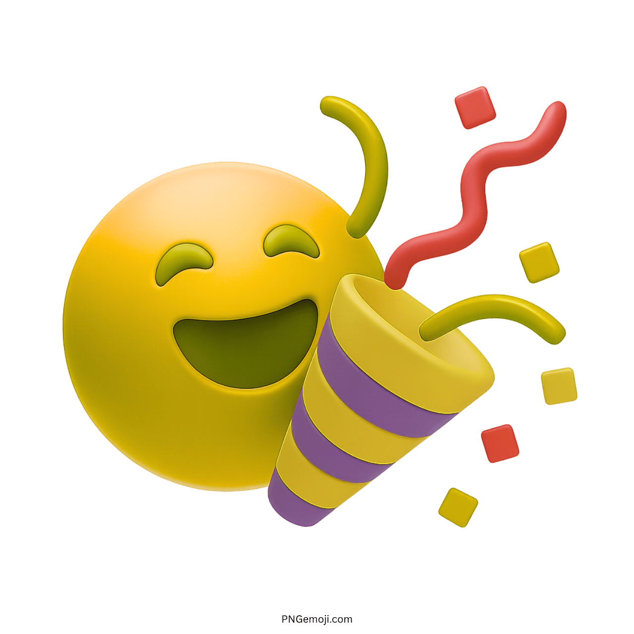 3D yellow emoji face with party popper and colorful confetti transparent PNG