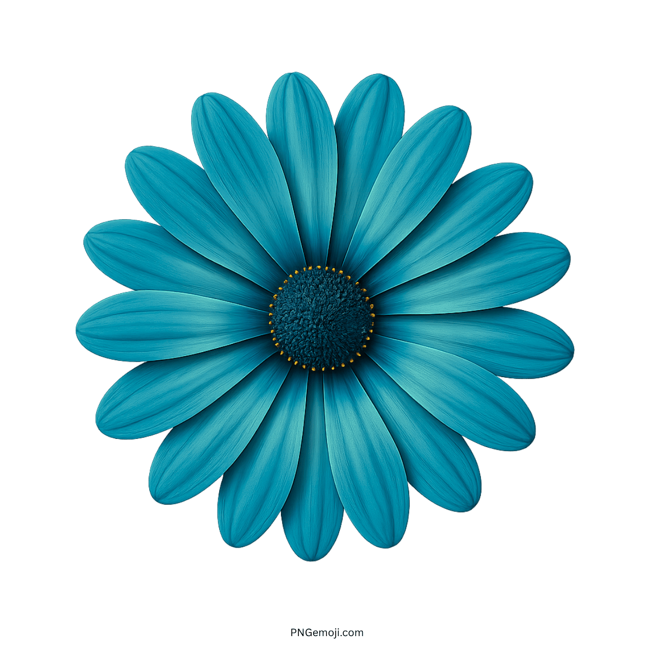 Stunning blue African daisy flower with soft blue petals and dark center, against a green background.