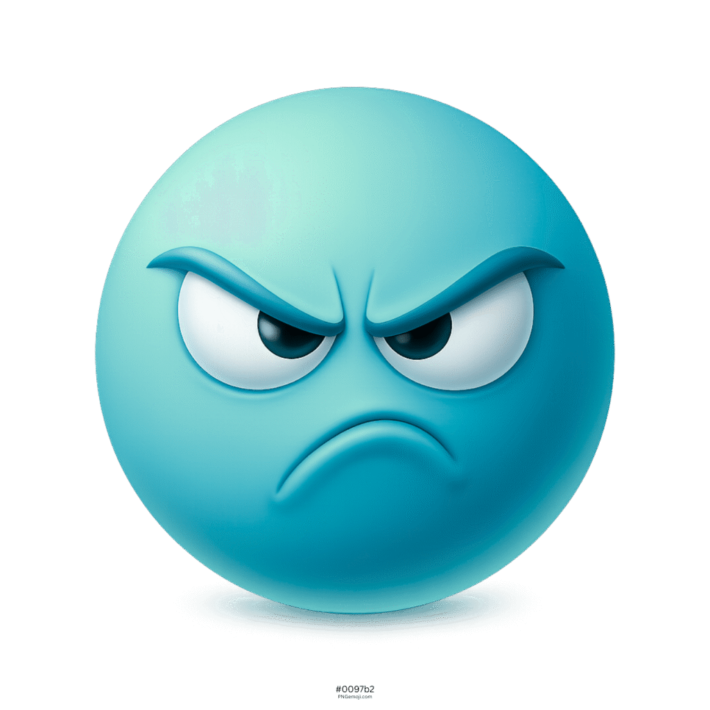 3D aqua blue emoji with furious expression and frowning face details