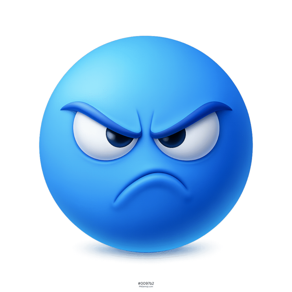3D blue annoyed emoji face with angry expression and furrowed brows on transparent background