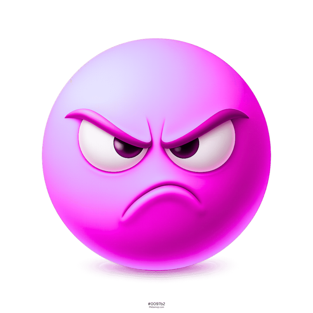 3D pink annoyed emoji with angry face expression and furrowed eyebrows