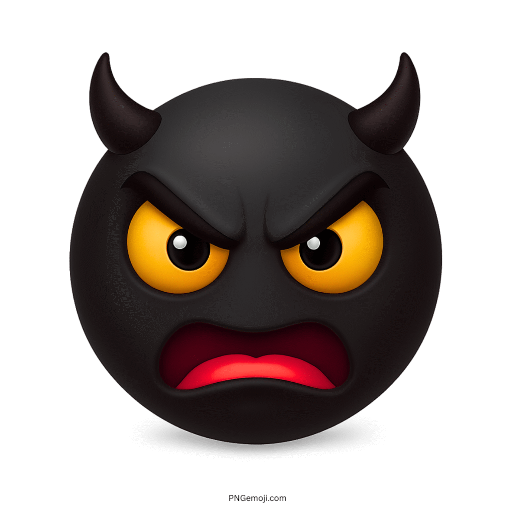 Angry black devil emoji face with yellow eyes and curved horns on dark background.