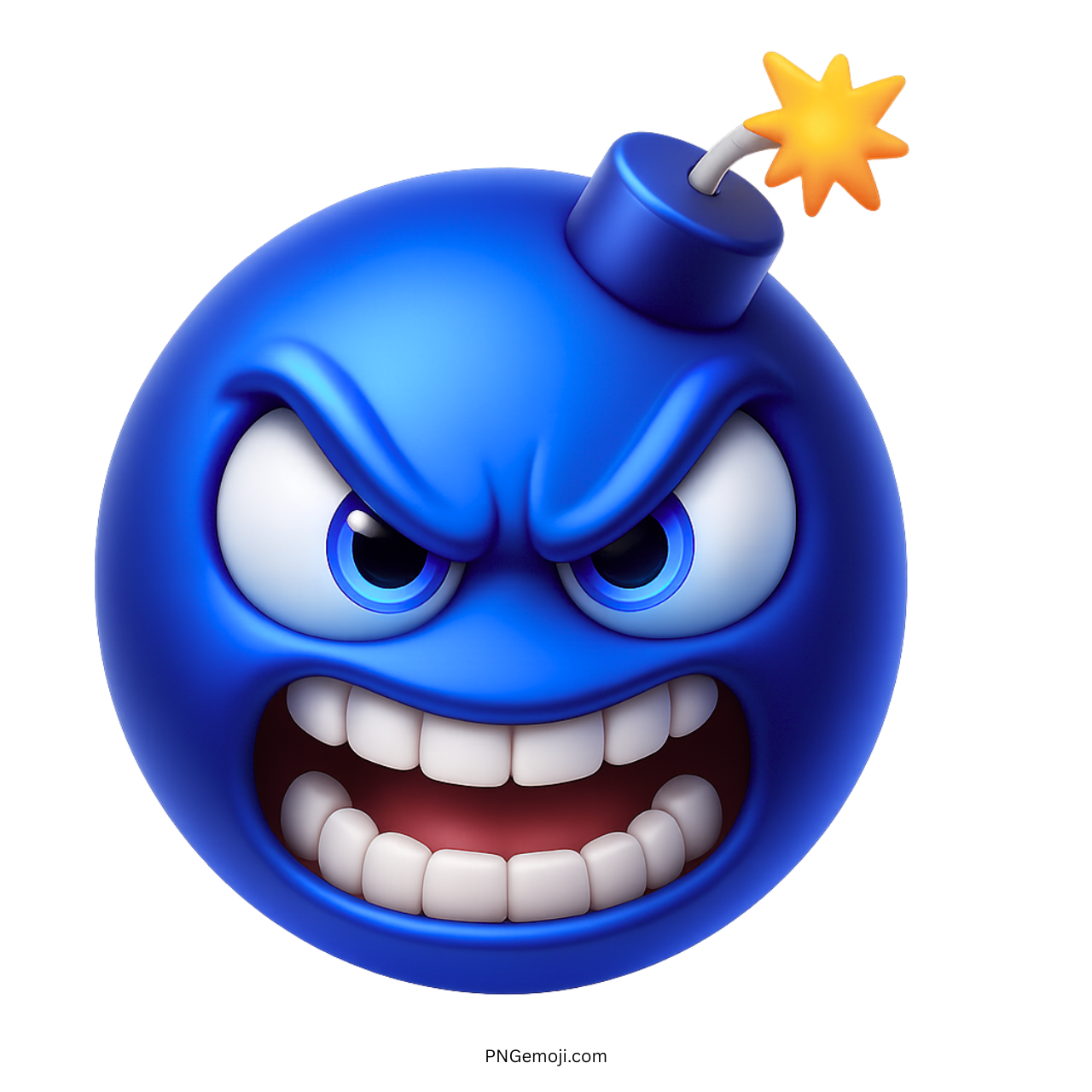 3D angry blue bomb face emoji with explosion fuse and furious expression