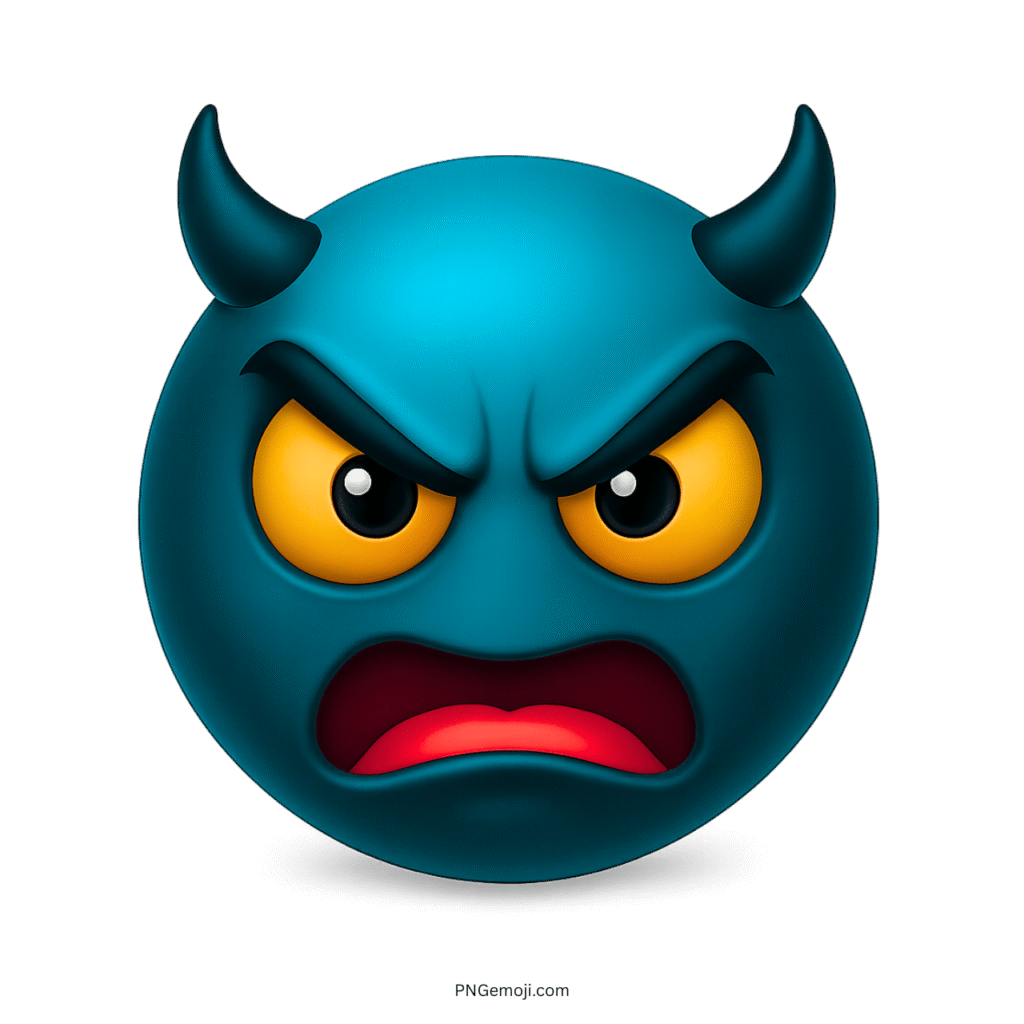 Angry blue devil emoji face with curved black horns, yellow eyes, and rage-filled expression.