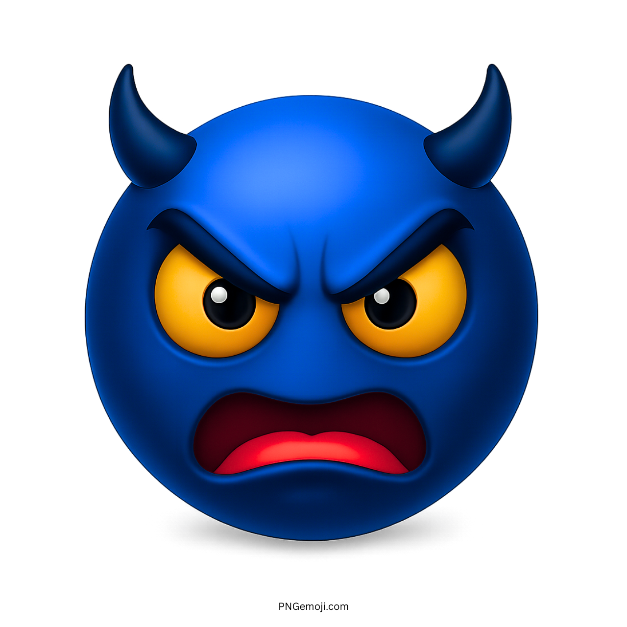 Angry blue devil smiley emoji with dark horns and intense yellow eyes illustration.