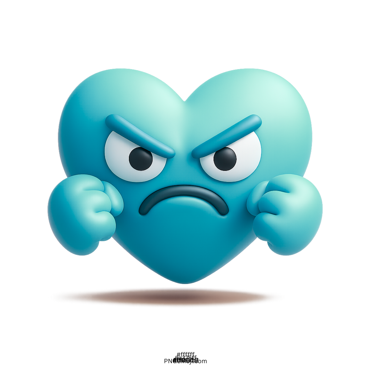 3D cyan angry heart emoji with clenched fists and intense glare expressing frustration