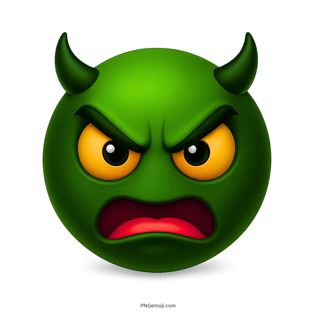 Angry green devil emoji with black horns, yellow eyes, and fierce emotional expression.